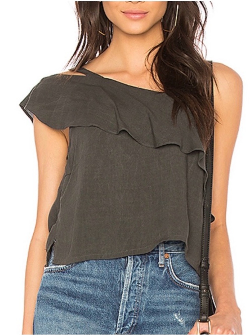 Preowned LNA One-Shoulder Ruffle Tank Dark Grey size Small